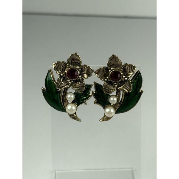 Avon Vintage Brooch & Pierced Earring Set Rich Christmas Faux Pearl Red Green - Picture 9 of 11